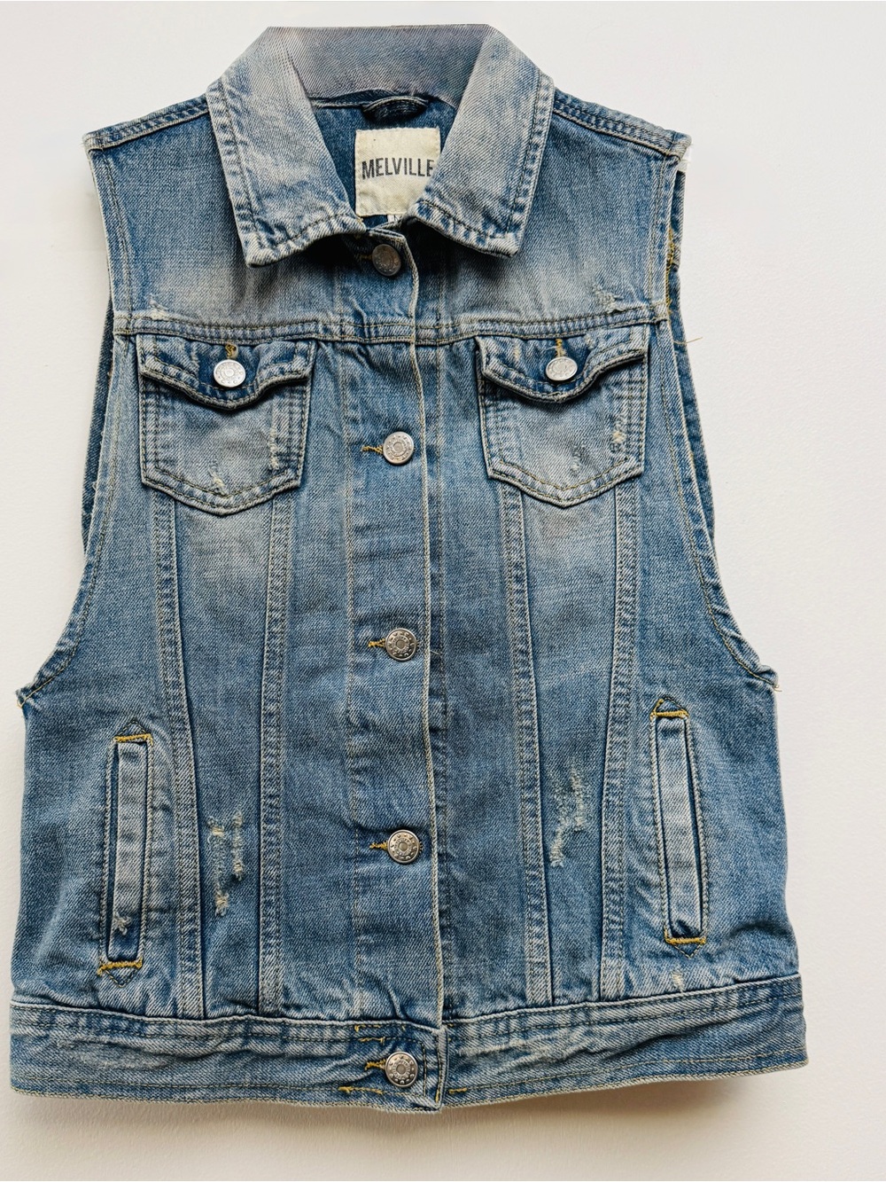 Melville Distressed Light Wash Denim Vest Jacket | Size M fits more like XS - S